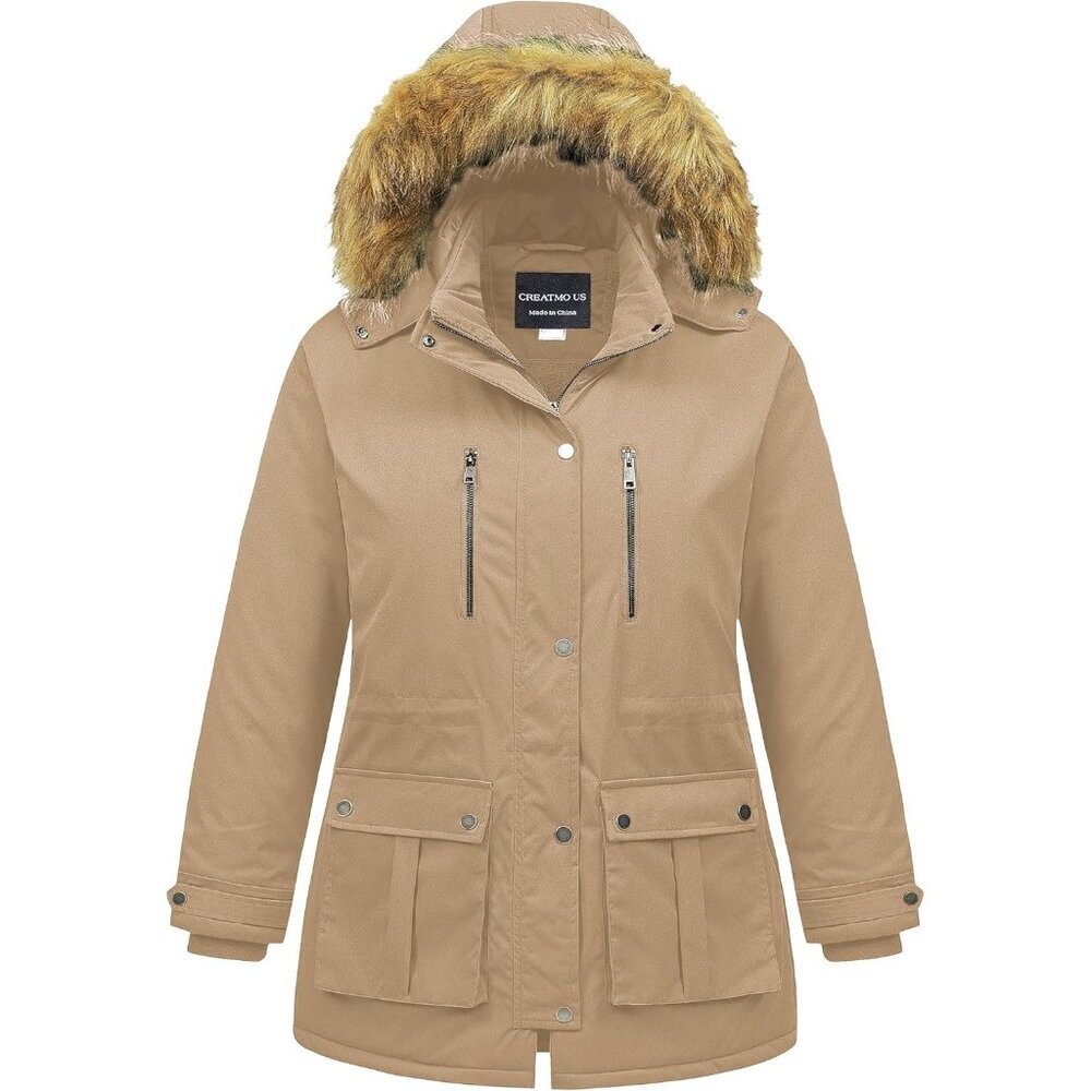 Women's Winter Warm Khaki Waterproof Long Puffer Jacket Coat Thicken Fur Hood